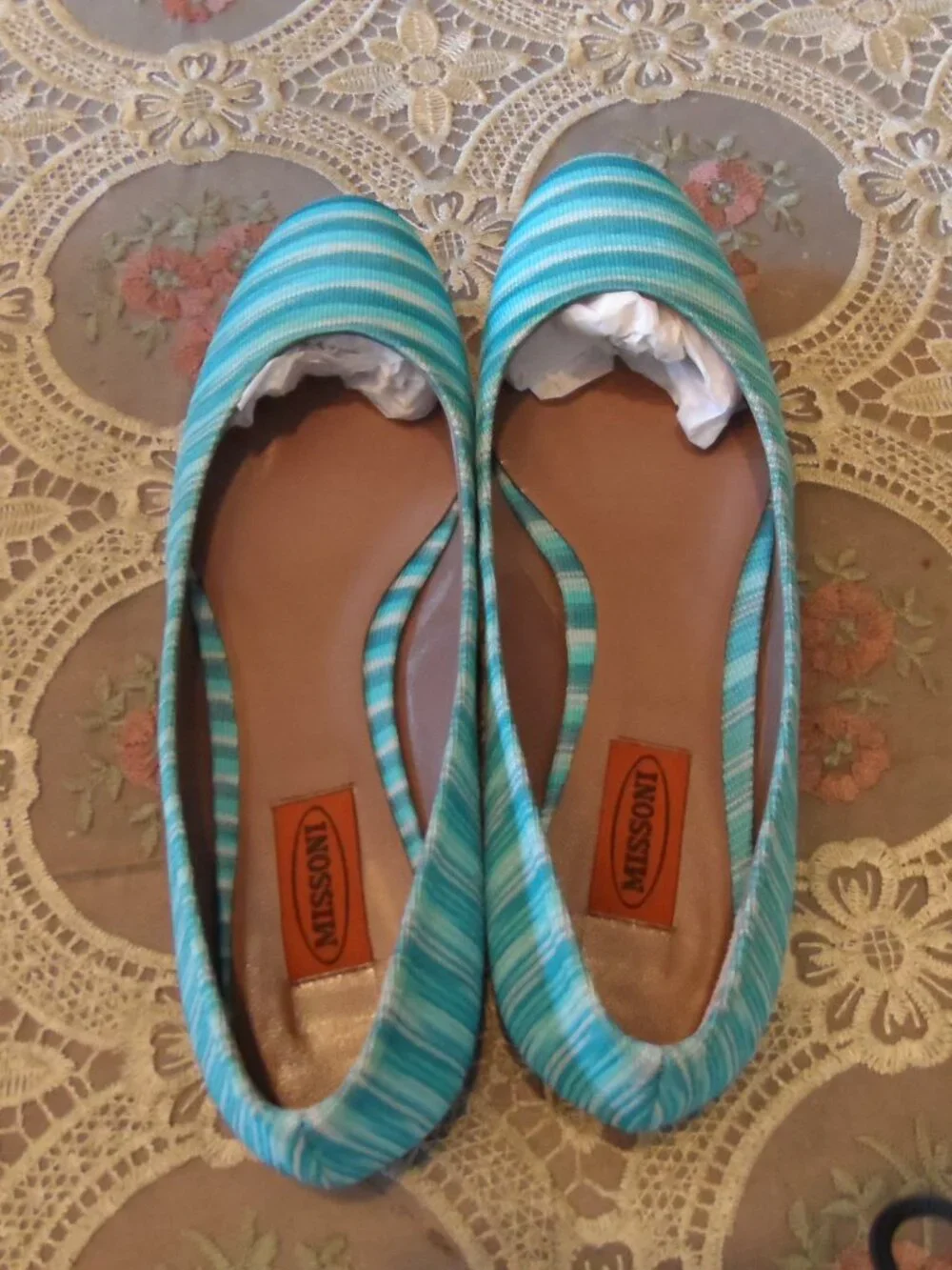 Missoni Tessuto Ocean Blue & White Striped Knit Ballet Flats Size IT 40 US 10